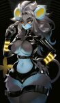  absurd_res anthro black_body black_hair blue_body breasts clothed clothing female hair hi_res looking_at_viewer luxray momikacha navel nintendo pok&eacute;mon pok&eacute;mon_(species) pok&eacute;morph red_eyes solo video_games 