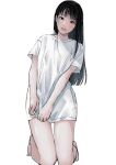  1girl bare_legs barefoot black_eyes black_hair closed_mouth full_body highres kneeling looking_at_viewer naked_shirt original shirt short_sleeves simple_background smile solo thigh_gap tsunko_(9v2_q) white_background 