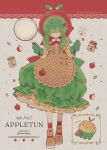  1girl apple appletun apron bangs brown_apron dress food fruit green_dress green_hair hair_ornament hairclip highres long_bangs mameeekueya oven_mitts personification pokemon red_socks shoes sidelocks socks solo 