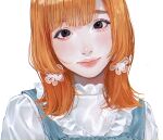  1girl absurdres black_eyes blue_dress close-up closed_mouth dress earrings head_tilt highres jewelry looking_at_viewer orange_hair original portrait shirt simple_background smile solo tsunko_(9v2_q) white_background white_shirt 