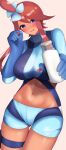  1girl absurdres ass_visible_through_thighs bangs belt blue_belt blue_eyes blue_gloves blue_jacket blue_shorts blush bottle breasts commentary cowboy_shot cropped_jacket elbow_gloves gloves hair_between_eyes hair_ornament hand_up highres hinutaki holding holding_bottle jacket large_breasts looking_at_viewer midriff milk milk_bottle navel nose_blush one_side_up parted_lips pokemon pokemon_(game) pokemon_bw red_hair short_shorts shorts sidelocks simple_background skindentation skyla_(pokemon) solo standing swept_bangs thigh_pouch turtleneck 