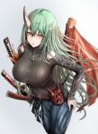  1girl absurdres arknights bangs black_shirt blue_pants breasts clothing_cutout cowboy_shot green_hair grey_background highres horns hoshiguma_(arknights) hoshiguma_(patrolling_ronin)_(arknights) katana large_breasts long_hair long_sleeves looking_at_viewer mask official_alternate_costume oni_mask pants parted_lips poni_(poni_arknights) revision shirt shoulder_cutout single_horn smile solo standing sword very_long_hair weapon yellow_eyes 