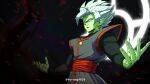  1boy absurdres closed_mouth colored_skin dragon_ball dragon_ball_super earrings evil_smile fused_zamasu green_skin halo highres horang4628 jewelry long_sleeves looking_at_viewer male_focus pointy_ears potara_earrings red_sash sash smile solo twitter_username white_eyes white_hair 