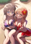  2girls arm_support bangs bare_legs beach bikini blue_eyes blush breast_grab breasts brown_hair brown_shorts cleavage closed_mouth collarbone commentary_request flower grabbing hair_between_eyes hair_flower hair_ornament hibiscus long_hair looking_at_viewer maku_ro medium_breasts multiple_girls navel open_mouth original outdoors purple_bikini red_bikini red_eyes sarong shorts sidelocks sitting smile swimsuit unbuttoned v v-shaped_eyebrows 