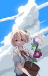  1girl blue_eyes blue_sky cloud commentary_request dress_shirt flower kantai_collection kaomoji_(sagor00237) morning_glory neck_ribbon pink_hair plant ponytail potted_plant red_ribbon ribbon shiranui_(kancolle) shirt short_hair sky solo upper_body white_shirt 