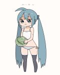  1girl :3 ahoge blue_eyes blue_hair cabbage camisole chibi hatsune_miku highres holding icon_315 long_hair panties polka_dot side-tie_panties simple_background solo striped striped_panties thighhighs twintails underwear very_long_hair vocaloid 