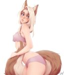  1girl animal_ear_fluff animal_ears arched_back artist_name bare_arms bare_shoulders between_legs blue_eyes bra breasts brown_eyes fox_ears fox_girl fox_tail freckles from_side heterochromia highres long_hair looking_at_viewer losse_(personal_ami) original panties parted_lips personal_ami pink_bra pink_panties simple_background small_breasts solo tail tail_between_legs thick_eyebrows underwear underwear_only white_background white_hair 