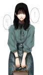  1girl black_hair blue_shirt blue_skirt boxcutter bracelet copyright_request grey_eyes highres holding hoshi_san_3 jewelry long_sleeves looking_at_viewer original parted_lips shirt simple_background skirt smile solo translation_request when_you_see_it white_background 