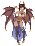  1girl absurdres animal_ears asymmetrical_gloves bandages bat_ears bat_wings black_hair borrowed_character breasts dark-skinned_female dark_skin demon_girl earrings egyptian egyptian_clothes elbow_gloves fingerless_gloves flowers-imh full_body gloves hand_on_hip hand_on_own_chest highres jewelry large_breasts looking_at_viewer original pelvic_curtain short_hair single_glove single_vambrace smile stirrup_legwear thighhighs toeless_legwear torn_wings usekh_collar vambraces white_background wings yellow_eyes 