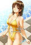 1girl breasts casual_one-piece_swimsuit checkered_floor cleavage clothing_cutout collarbone commentary_request cowboy_shot highleg highleg_swimsuit large_breasts lioreo looking_at_viewer navel navel_cutout one-piece_swimsuit original pool poolside solo standing swimsuit water yellow_swimsuit 