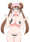 1girl :d absurdres aikome_(haikome) bangs bikini blush bracelet breasts bright_pupils brown_hair commentary_request covered_nipples cowboy_shot double_bun green_eyes hair_bun hands_up happy highres jewelry large_breasts long_hair looking_at_viewer open_mouth pokemon pokemon_(game) pokemon_bw2 rosa_(pokemon) shiny shiny_skin side-tie_bikini simple_background smile solo swimsuit twintails visor_cap white_background white_pupils 