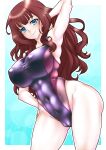  1girl arm_behind_head assault_lily bangs blue_eyes blunt_bangs breasts brown_hair cameltoe commentary_request covered_navel kaede_johan_nouvel large_breasts long_hair looking_at_viewer multicolored_clothes multicolored_swimsuit purple_swimsuit shiromitsu_suzaku solo standing swimsuit 