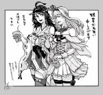  2girls ahoge boots braid breasts corset cowboy_shot crown cup detached_sleeves disposable_cup double_bun dress drinking_straw flower french_braid frilled_skirt frills garter_straps greyscale hair_bun hairband headgear holding holding_cup japanese_clothes kantai_collection kongou_(kancolle) kongou_kai_ni_(kancolle) long_hair long_sleeves medium_breasts mini_crown monochrome multiple_girls nontraditional_miko off-shoulder_dress off_shoulder one_eye_closed ribbon-trimmed_sleeves ribbon_trim rose skirt standing thigh_boots thighhighs translation_request warspite_(kancolle) yamada_rei_(rou) 