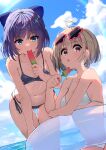  2girls :p a-chan_(hololive) absurdres bangs bikini black_bikini blonde_hair blue_bow blue_eyes blue_sky bow breasts cloud day eyewear_on_head food hair_bow harusaki_nodoka highres holding holding_food hololive innertube leaning_forward looking_at_viewer medium_breasts multiple_girls navel popsicle_in_mouth purple_hair red_eyes short_hair side-tie_bikini sky small_breasts stomach string_bikini sunglasses swimsuit thigh_gap tongue tongue_out trap_(drthumt) white_bikini 