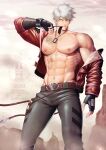  1boy abs bandaged_arm bandages bara biceps biting commission dirty dog_tags dust feet_out_of_frame gloves highres jacket large_pectorals leather leather_belt light_particles logo looking_to_the_side male_focus manly mature_male meishou_(cantabile1222) muscular muscular_male navel nipples open_clothes open_jacket original outdoors pants pectorals rock short_hair sky solo teeth white_hair yellow_eyes 