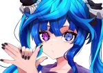 1girl @_@ bangs black_nails blue_eyes blue_hair crossed_bangs hands_up heterochromia highres long_hair looking_at_viewer portrait puckered_lips purple_eyes shadow_puppet simple_background solo toa510 twin_turbo_(umamusume) twintails umamusume white_background 