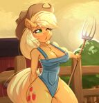  absurd_res anthro anthrofied applejack_(mlp) blonde_hair breasts chest_tuft cleavage clothed clothing equid equine female friendship_is_magic fur hair hi_res holding_object mammal my_little_pony orange_body orange_fur pitchfork solo tools tuft wide_hips witchtaunter 