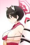  1girl absurdres animal_ears black_eyes black_hair blue_archive blush breasts elbow_gloves from_side gloves highres large_breasts nanju_bami red_gloves revealing_clothes sandals short_hair sideboob tsubaki_(blue_archive) underboob upper_body very_short_hair 