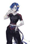  1girl absurdres akame_(chokydaum) bandaged_fingers bandaged_hand bandages bangs blue_hair frog_hair_ornament hair_between_eyes hair_ornament highres looking_at_viewer may_lee shirt short_hair skin_tight smile snk sunglasses the_king_of_fighters the_king_of_fighters_2001 the_king_of_fighters_2002 the_king_of_fighters_xv 