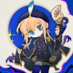  1boy bangs blonde_hair blue_cape blue_eyes blue_jacket blue_pantyhose buttons cape captain_nemo_(fate) closed_mouth commentary_request cowboy_shot fate/grand_order fate_(series) feathers grey_shorts holding jacket long_hair long_sleeves male_focus nemo_(fate) pantyhose shell shorts sige_(kheg7252) sparkle twintails v-shaped_eyebrows 