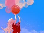  arms_up balloon blue_background child cloud day female_child haine_(summertime_render) highres holding holding_balloon japanese_clothes kimono long_hair looking_up outdoors procreate_(medium) red_kimono solo standing summertime_render upper_body white_hair wide_sleeves yougehedaomu 