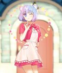  +_+ 1girl :&gt; animal_crossing animal_ears apron artist_request bear_ears bear_girl blue_hair commentary_request gradient_hair highres judy_(animal_crossing) multicolored_hair personification pink_skirt purple_hair skirt smile solo source_request upper_body waist_apron zelato 