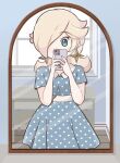  1girl alternate_costume artist_name blue_dress blue_eyes border casual chocomiru commentary crown crown_removed drawer dress earrings english_commentary hair_over_one_eye jewelry looking_at_viewer mario_(series) outside_border phone polka_dot polka_dot_background polka_dot_dress rosalina short_sleeves smile solo standing super_mario_galaxy super_mario_galaxy_2 white_border 
