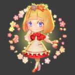  1girl animal_crossing blonde_hair cape cloak dress frilled_skirt frills full_body highres looking_at_viewer mary_janes medium_hair nail_polish open_mouth purple_eyes red_cape red_cloak red_dress red_footwear red_hood shoes short_dress skirt smile solo standing zelato 