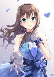  1girl black_gloves blue_dress blush brown_hair different dress falling_petals floating_hair gloves green_eyes highres idolmaster idolmaster_cinderella_girls idolmaster_cinderella_girls_starlight_stage light_particles looking_at_viewer patterned_clothing petals reaching_out shibuya_rin sleeveless sleeveless_dress smile solo 