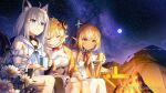  3girls ahoge animal_ears artist_request asymmetrical_hair black_thighhighs blanket blonde_hair blue_bow blue_eyes blue_neckerchief blurry blurry_foreground blush bow braid breasts campfire closed_eyes closed_mouth collarbone commentary cup detached_sleeves dress english_commentary feet_out_of_frame flower fox_ears fox_girl fox_tail full_moon fur-trimmed_collar fur_trim hair_bow hair_ornament hairclip highres holding holding_cup hololive hood hoodie horns leaning_on_person long_hair medium_breasts moon multicolored_hair multiple_girls neck_ribbon neckerchief night night_sky official_art orange_eyes outdoors parted_lips pentagram pointy_ears ponytail red_ribbon ribbon second-party_source sheep_girl sheep_horns shirakami_fubuki shiranui_flare side-by-side side_braid sidelocks single_braid single_thighhigh sitting sky sleeping small_breasts smile star_(sky) starry_sky steam streaked_hair tail tent thighhighs tsunomaki_watame two-tone_hair virtual_youtuber watermark white_dress white_flower white_hair white_hoodie white_thighhighs 
