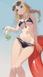  1girl absurdres ass_visible_through_thighs bare_arms bare_shoulders bikini black_bikini blonde_hair blue_sky braid breasts brown_eyes closed_mouth cup day drink drinking_glass drinking_straw eyewear_on_head feet_out_of_frame girls&#039;_frontline highres holding holding_cup innertube long_hair looking_at_viewer medium_breasts navel outdoors ren_huozhe serdyukov_(girls&#039;_frontline) sky smile solo stomach sunglasses swimsuit thigh_gap twin_braids underboob whistle whistle_around_neck 