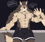  abs anthro bottomwear brown_body brown_fur canid canine canis clothing countershading domestic_dog duo english_text fur hi_res human jewelry lifewonders live-a-hero male male/male mammal muscular muscular_anthro muscular_male necklace pecs pubraseer roulga shorts text video_games 