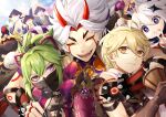  2girls 6+boys absurdres aether_(genshin_impact) arataki_itto blonde_hair closed_eyes facial_mark food food_on_face genshin_impact green_hair hair_ornament hat highres horns kuki_shinobu mask multiple_boys multiple_girls oni oni_horns paimon_(genshin_impact) smile ushi_(genshin_impact) v white_hair yorusoraizu 