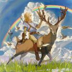  1boy akihare animal bangs bird boots brown_footwear brown_gloves brown_pants cloud day deer earrings fingerless_gloves gloves grass highres jewelry knee_boots link long_hair long_sleeves looking_to_the_side pants pointy_ears ponytail rainbow riding short_sleeves sitting solo the_legend_of_zelda the_legend_of_zelda:_breath_of_the_wild tower translation_request 