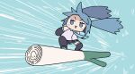  1girl blue_eyes blue_hair chibi detached_sleeves doyagao dragon_ball dragon_ball_z hatsune_miku icon_315 necktie parody simple_background sky_surfing smug solo spring_onion thighhighs triangle_mouth twintails vocaloid 
