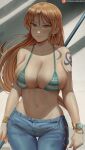  1girl arm_tattoo bangs bare_shoulders bikini blue_pants blush bracelet breasts closed_mouth collarbone commentary cowboy_shot denim earrings green_bikini hair_between_eyes highres holding holding_weapon jeans jewelry log_pose long_hair looking_at_viewer nami_(one_piece) navel one_piece orange_eyes orange_hair pants patreon_logo patreon_username shexyo skindentation solo strap_gap string_bikini striped striped_bikini swimsuit tattoo thigh_gap very_long_hair weapon web_address wide_hips 
