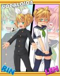  1boy 1girl bangs black_jacket black_pants black_thighhighs blonde_hair blue_eyes blush breasts brother_and_sister character_name clothes_pull commentary_request crossdressing feet_out_of_frame gakuran green_neckerchief hair_ornament hairclip heart highres jacket kagamine_len kagamine_rin kitsunerider long_sleeves looking_at_viewer miniskirt musical_note neckerchief open_mouth otoko_no_ko pants reverse_trap sailor_collar school_uniform serafuku shirt shirt_pull short_hair short_ponytail siblings skirt small_breasts smile spoken_blush spoken_musical_note swept_bangs thighhighs tomboy twins vocaloid white_shirt zettai_ryouiki zoom_layer 