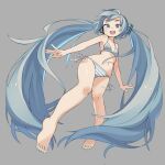  1girl :d barefoot bikini blue_eyes blue_hair breasts hatsune_miku highres icon_315 long_hair nail_polish round_teeth side-tie_bikini simple_background small_breasts smile solo striped striped_bikini swimsuit teeth toenail_polish toenails very_long_hair vocaloid 