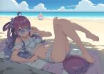  1girl adjusting_eyewear ahoge bangs bare_legs barefoot beach beach_towel bikini blue_hair breasts closed_mouth day frilled_bikini frills gradient_hair hair_rings highres himemori_luna hololive kanzaki_hiro knees_up long_hair looking_at_viewer luknight_(himemori_luna) lying medium_breasts multicolored_hair nail_polish off-shoulder_bikini off_shoulder on_back outdoors pink_hair pink_nails purple-tinted_eyewear purple_eyes second-party_source solo sunglasses swimsuit tinted_eyewear toenail_polish toenails towel virtual_youtuber white_bikini 