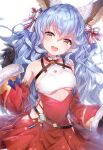  1girl absurdres animal_ears bangs bare_shoulders black_gloves blue_hair bow breasts brown_eyes dress erune ferry_(granblue_fantasy) ferry_(santa_minidress)_(granblue_fantasy) fur_trim gloves granblue_fantasy hair_bow hand_up highres long_hair looking_at_viewer red_dress scan shiny shiny_hair simple_background small_breasts smile solo teeth topia upper_body upper_teeth white_background 