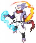  anthro bandai_namco blue_fire bottomwear claws clothing colored_fire digimon digimon_(species) ear_piercing ear_ring elemental_manipulation fire fire_manipulation floofangel fluffy_chest fur grey_body grey_fur grin hi_res male pants piercing ring_piercing scarf shirtless smile solo strabimon tattoo 