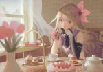  1girl amanohoshi_chiroru asymmetrical_gloves black_gloves black_necktie blonde_hair cake chair cookie cup cupcake curtains day dessert dress elbow_gloves elbow_rest flower food fujie-yz gloves hair_flower hair_ornament head_rest highres indoors long_hair looking_at_viewer macaron necktie pink_flower propro_production purple_dress purple_eyes side_cutout single_elbow_glove single_glove sitting solo table teacup teapot tulip vase virtual_youtuber wind window 