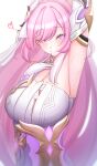  1girl arm_up armpits bangs breasts closed_mouth dress elf elysia_(herrscher_of_human:ego) elysia_(honkai_impact) gloves heart heart-shaped_pupils highres honkai_(series) honkai_impact_3rd large_breasts laxiusart long_hair looking_at_viewer pink_eyes pink_hair pointy_ears presenting_armpit simple_background sleeveless sleeveless_dress smile solo symbol-shaped_pupils white_background white_dress white_gloves 