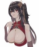  1girl azur_lane black_hair breasts bridal_gauntlets china_dress chinese_clothes cleavage_cutout clothing_cutout dress hair_ornament huge_breasts long_hair looking_at_viewer low_neckline moppo official_alternate_costume red_dress red_eyes standing taihou_(azur_lane) taihou_(phoenix&#039;s_spring_song)_(azur_lane) upper_body white_background 