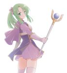  1girl alternate_costume alternate_hairstyle armor breastplate capelet cecilia_(fire_emblem) dress fire_emblem fire_emblem:_the_binding_blade gloves green_eyes green_hair hair_ribbon ham_pon highres holding holding_staff long_sleeves looking_at_viewer looking_back medium_hair ponytail purple_capelet purple_dress purple_thighhighs ribbon simple_background smile solo staff thighhighs white_background white_gloves younger zettai_ryouiki 