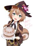  1girl :d adekrifki animal_ears ayunda_risu bangs blazer blonde_hair blush brooch brown_hair cake candle collared_shirt flower food gloves green_eyes happy_birthday hat hat_belt hat_flower highres holding holding_food holding_plate hololive hololive_indonesia jacket jewelry looking_at_viewer multicolored_hair neck_ribbon open_mouth plate ribbon shirt short_hair_with_long_locks skirt smile solo squirrel_ears squirrel_girl squirrel_tail streaked_hair tail two-tone_hair virtual_youtuber witch_hat 