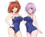  2girls ahoge bangs bare_shoulders blue_swimsuit blush breasts cleavage collarbone covered_navel fate/grand_order fate_(series) fujimaru_ritsuka_(female) hair_over_one_eye haruhisky highres large_breasts light_purple_hair looking_at_viewer mash_kyrielight multiple_girls one-piece_swimsuit one_side_up open_mouth orange_eyes orange_hair purple_eyes school_swimsuit short_hair smile swimsuit thighs 