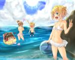  1boy 3girls ? backboob bangs bikini bikini_skirt black_male_swimwear blonde_hair blue_eyes blue_sky blush bow breasts brother_and_sister brown_eyes brown_hair cevio cloud commentary_request day fang feet_out_of_frame frilled_bow frilled_hair_tubes frills hair_bow hair_bun hair_ornament hair_tubes hairclip hakurei_reimu highres horizon innertube kagamine_len kagamine_rin kitsunerider large_breasts looking_at_another looking_at_viewer male_swimwear multiple_girls nose_blush ocean open_mouth outdoors pink_bikini red_bow satou_sasara short_hair siblings sky small_breasts smile sun sunlight swept_bangs swim_trunks swimsuit touhou twins v vocaloid water white_bikini yukkuri_shiteitte_ne 