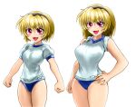  2girls blonde_hair breasts buruma clenched_hands dual_persona fang hand_on_hip highres higurashi_no_naku_koro_ni houjou_satoko large_breasts medium_breasts medium_hair multiple_girls open_mouth pink_eyes shirt sleeves_rolled_up t-shirt the_golden_smurf 