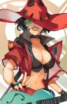  1girl black_hair breasts choker gloves guilty_gear guitar hat highres i-no instrument jacket large_breasts looking_at_viewer mole navel red_lips shengtaki smile solo upper_body 